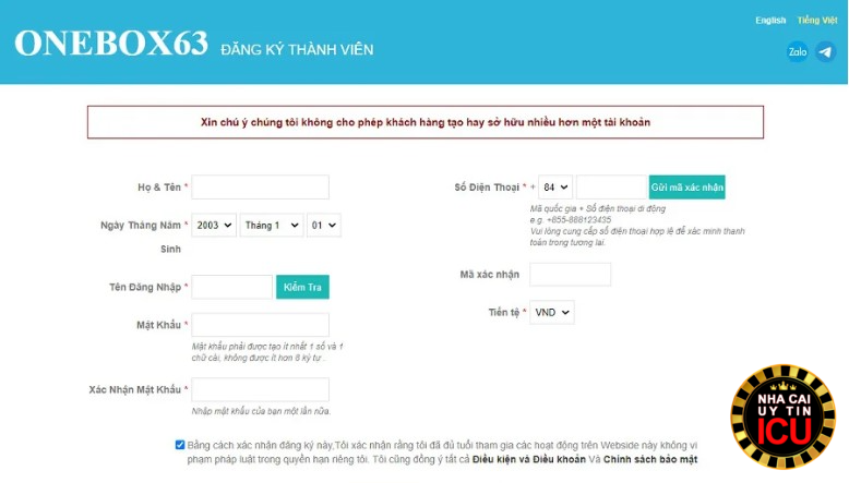 Hướng dẫn nhanh đăng ký tài khoản tại Onebox63